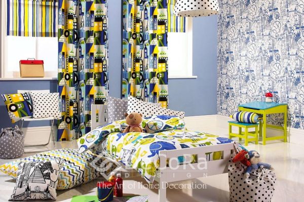 SPTT018-perdele-copii-modern-desene-verde-albastru-galben-perne-decorative-dungi-buline-lenjerie-pat