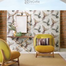 ALHAMBRA-BRAZILIA-F33-PANOU-TEXTIL-TROPICAL-PASARI-PAPAGALI-TAPITERIE-FOTOLII-GALBEN-MUSTAR