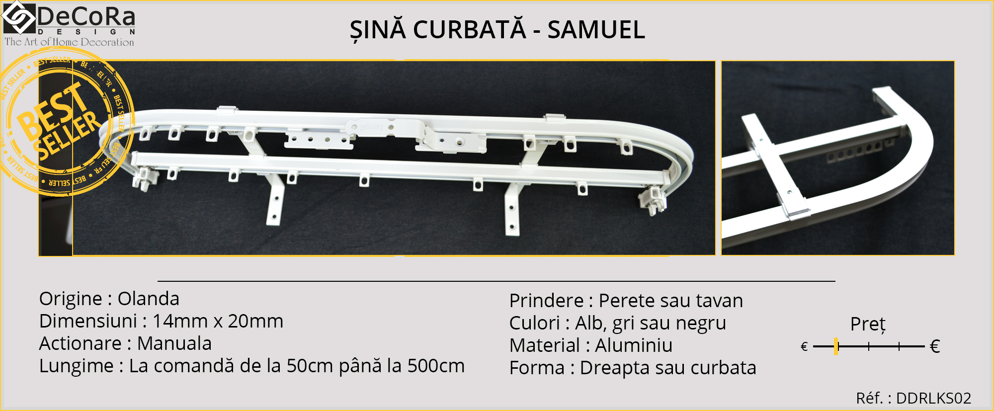 Sina curbata - SAMUEL, din Olanda, cu actionare manuala, prindere pe perete sau in tavan
