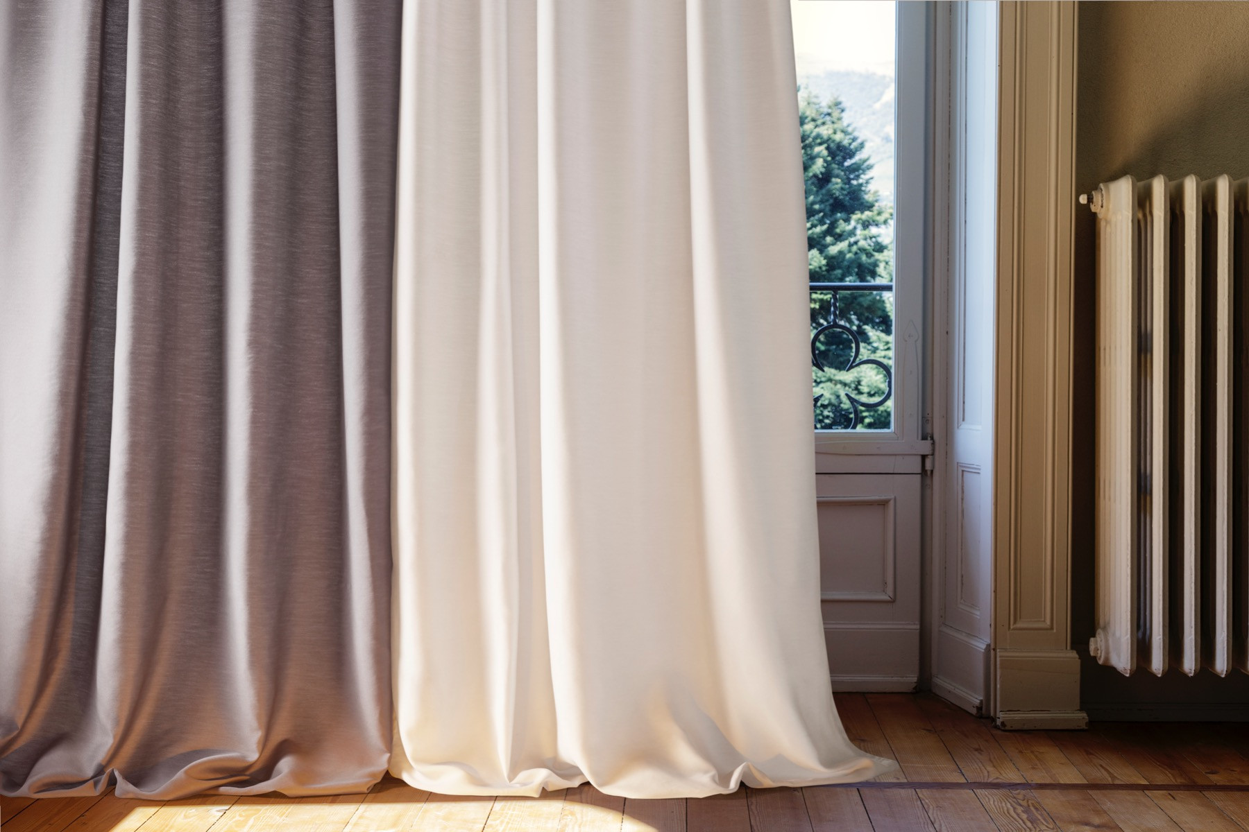 Draperii ignifugate albe și gri uni pentru living