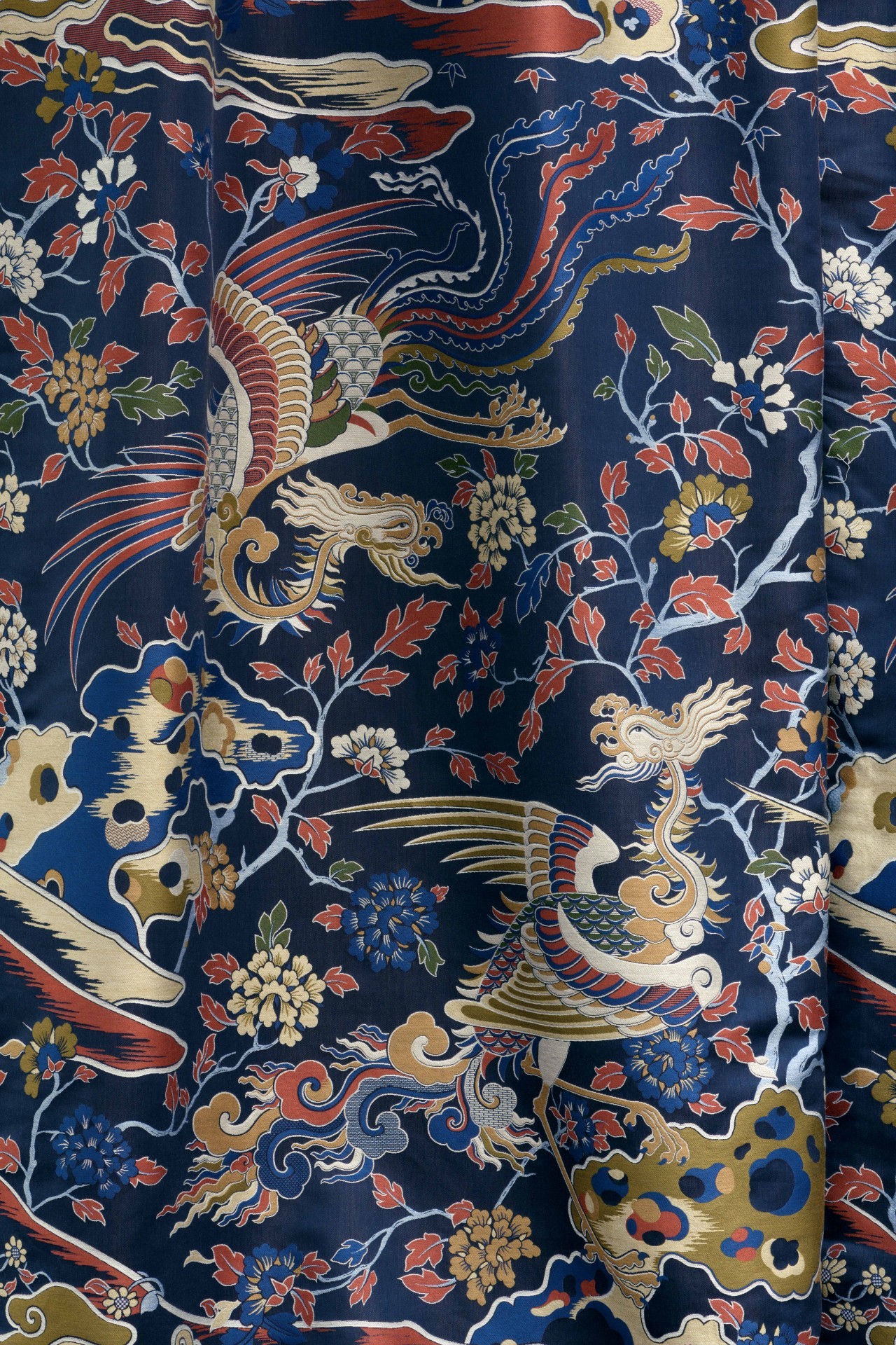 Detaliu draperii de bumbac cu imprimeu damasc asiatic de inspirație chinezească