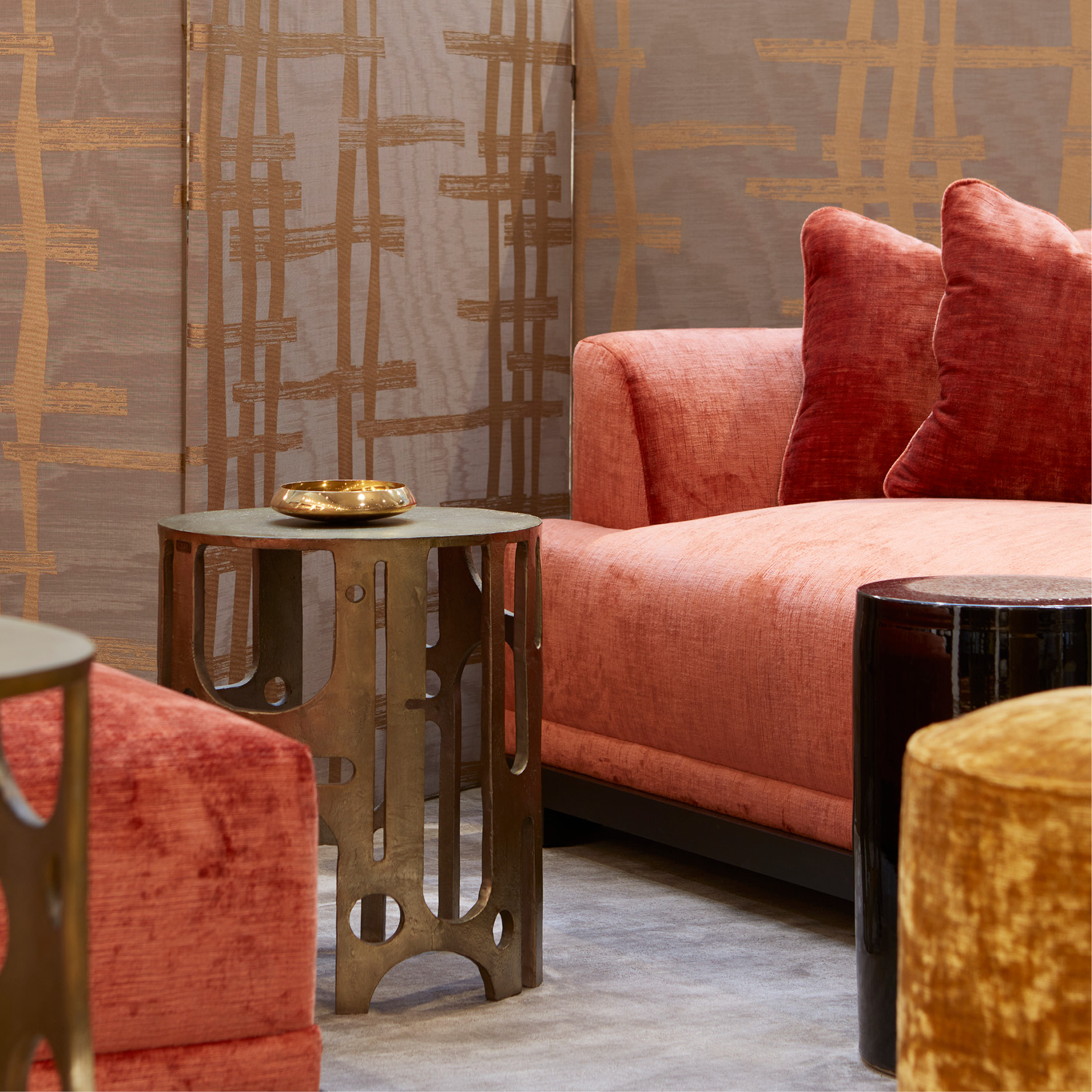 Panouri japoneze de bumbac de lux taupe cu model abstract auriu